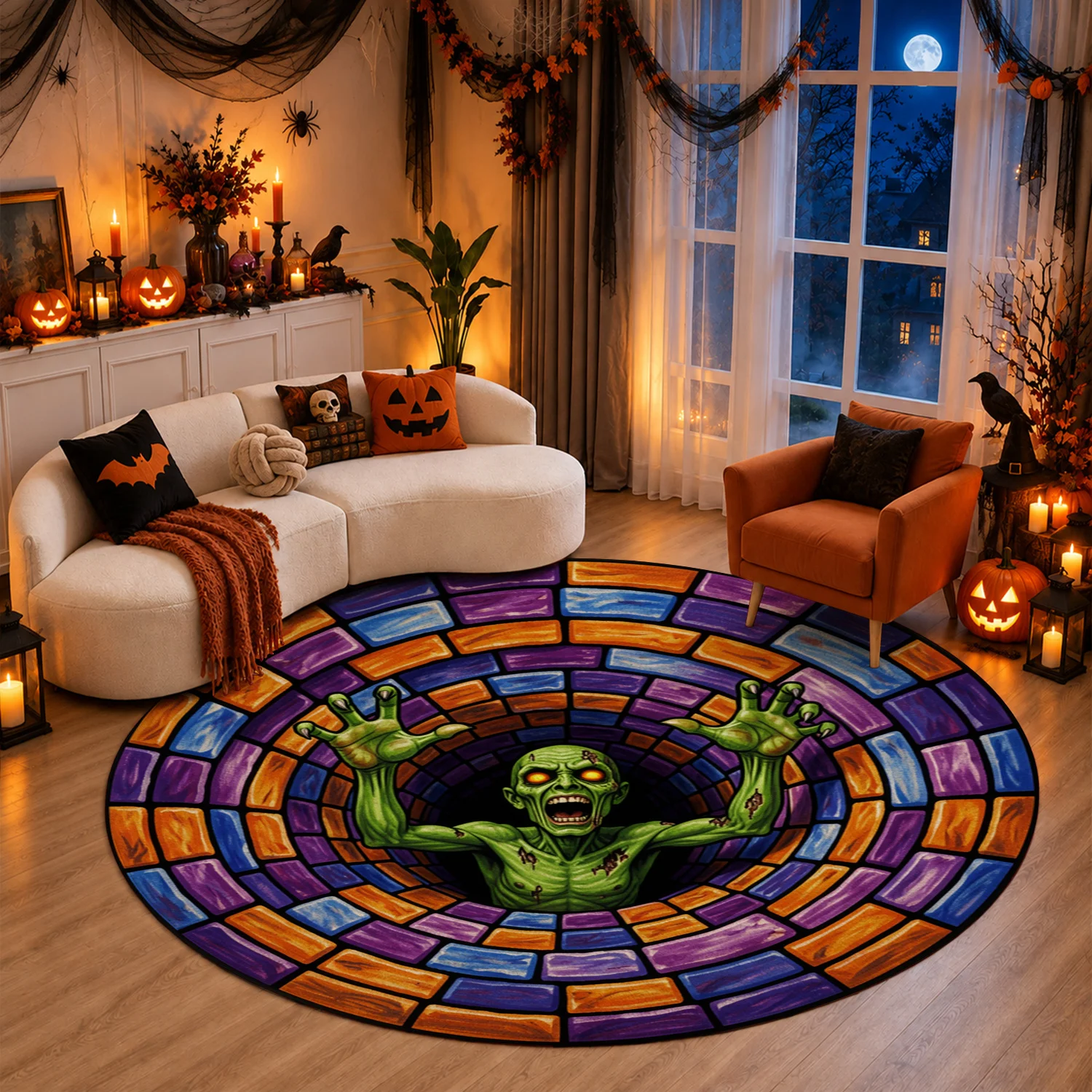 Stained Glass Zombie Circular Pattern Round Velvet Rug Machine Washable Suitable for Living Room Bedroom Entryway Dining Room Halloween Thanksgiving Black Friday Cyber Monday Christmas New Year