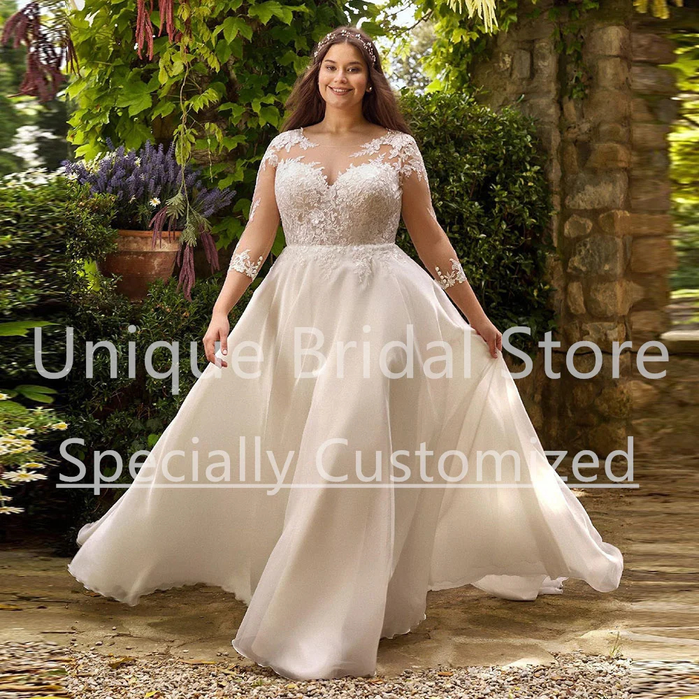 Customized Wedding Dress A-Line Chiffon Applique Draped Crew-Neck 3/4 Long Sleeve Button Brush Train Women Bridal Gown 2023 Cust