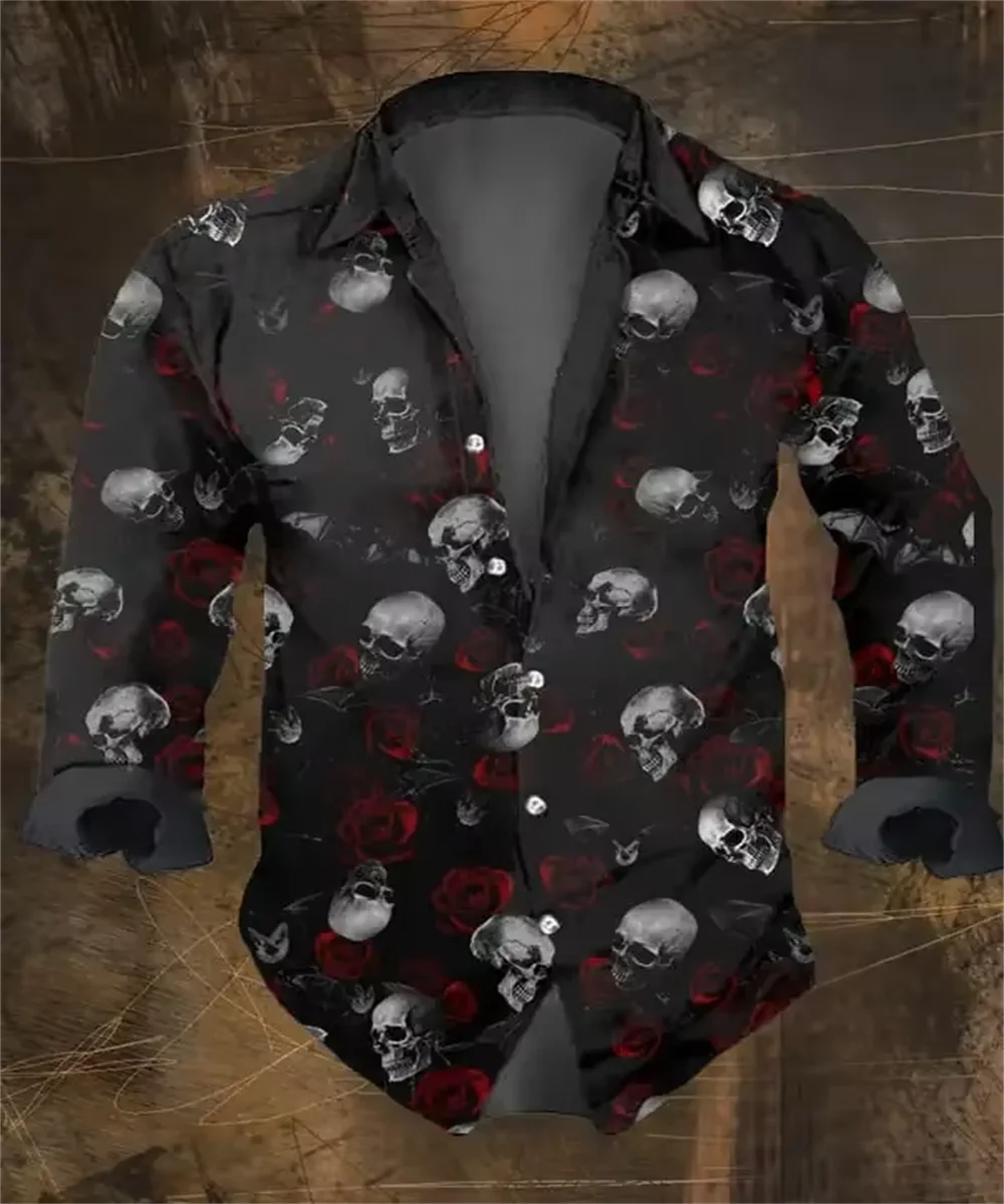 

Halloween Men's Retro Dark Skull Prints Long Sleeve Shirt-Skull Rose Print,Regular Fit,Lapel Collar, Polyester Blend Black Tops