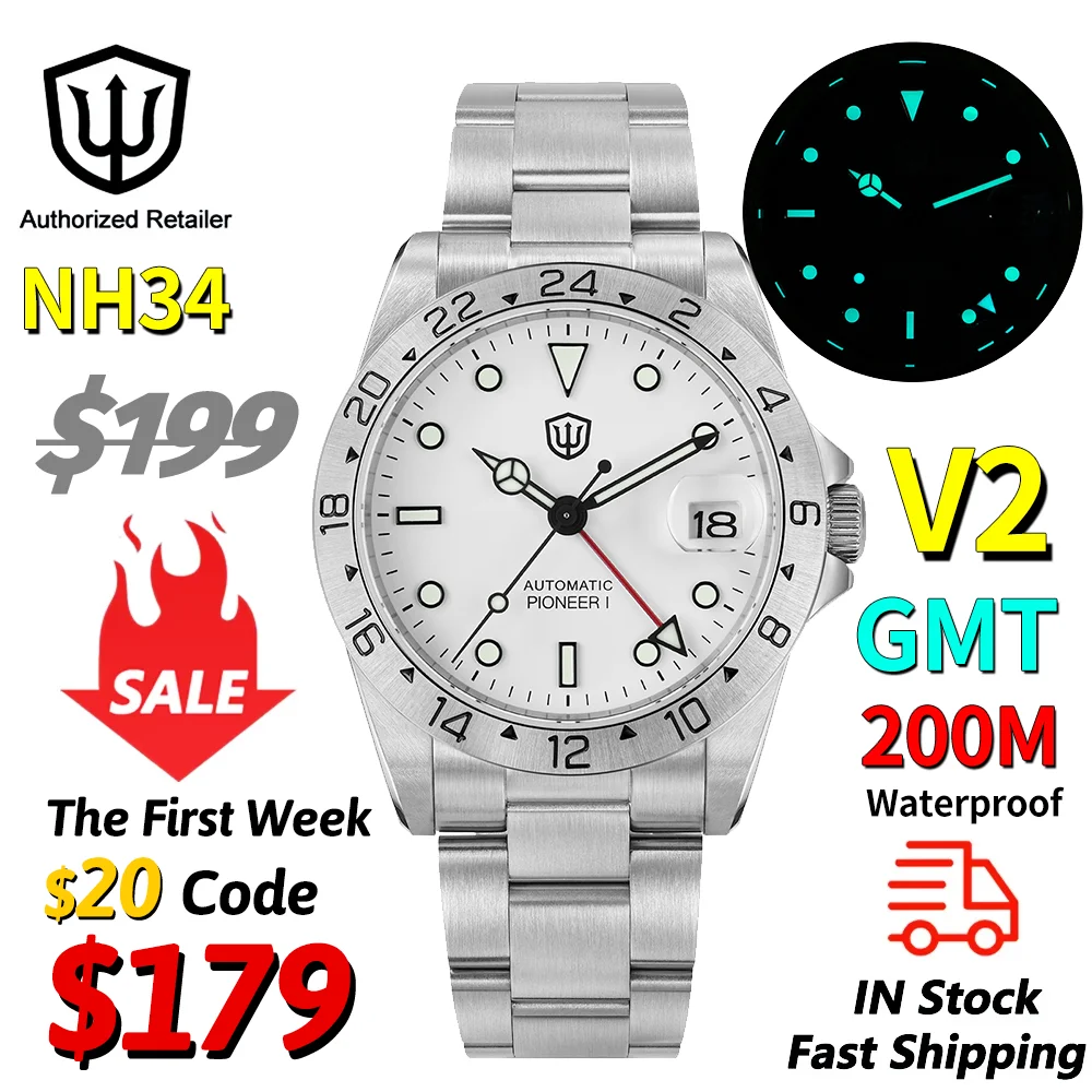 

Watchdives WD16570 V2 Часы Pioneer NH34 Автоматический механизм с сапфировым стеклом 20 бар Водонепроницаемые светящиеся часы 37 мм GMT