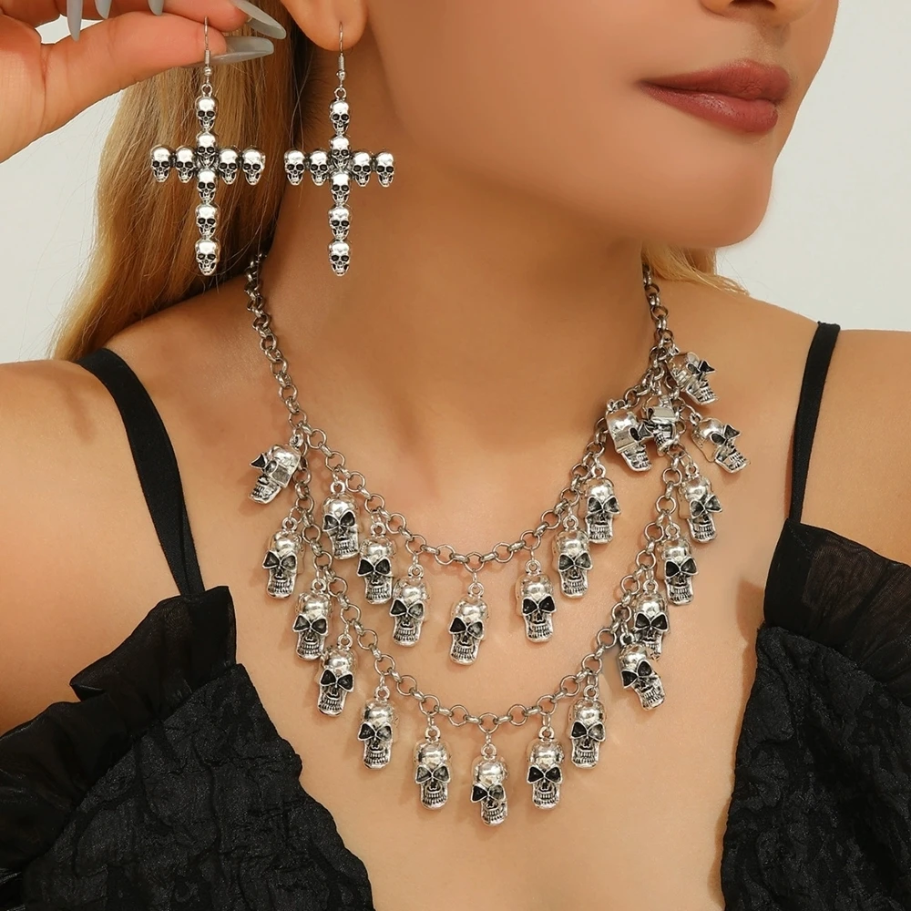 مجموعة مجوهرات الهالوين القوطية الشرير خمر طبقة مزدوجة سبيكة الجمجمة شرابة قلادة وأقراط النساء اكسسوارات الحفلات #4