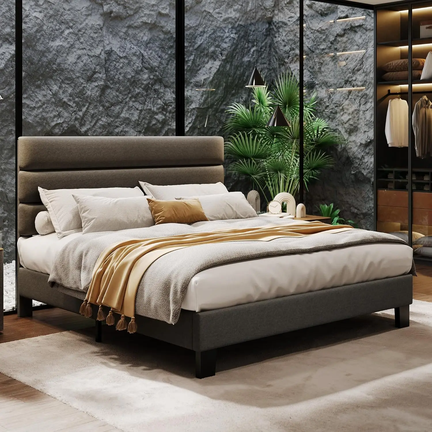 Bed Frame with Adjustable Headboard, Upholstered Queen Size Platform Bed Frame with Wooden Slats Support Noise-Free, Dark Grey