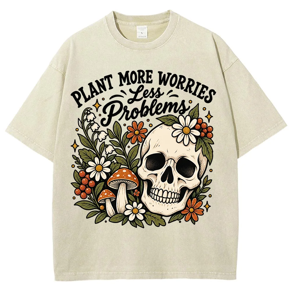 Men Vintage Skull Flower Graphic T Shirt Plant More Worries Less Problems Casual Short Sleeve Summer Top Gothic Streetwear ﻿