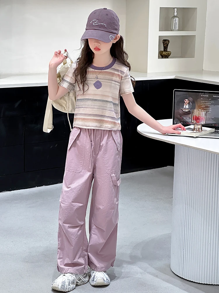 girls-street-dance-workwear-pants-set-summer-new-fashion-cool-two-piece-suit-short-sleeve-korean-style-children's-outfit