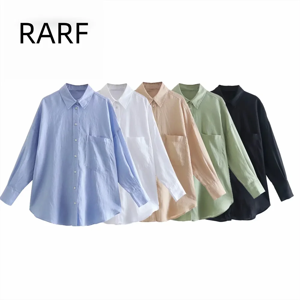 

Pure linen shirt, women's new style temperament, lapel long sleeved single pocket solid color loose casual shirt