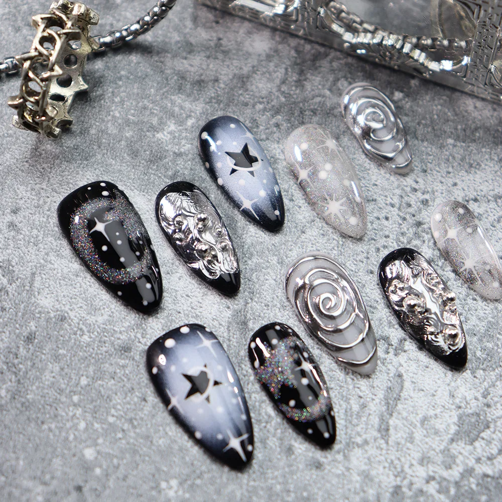 เล็บปลอมทรงอัลมอนด์ 10 ชิ้น ลายดาวสีเข้ม แบบเจลติดกาว พร้อมสีประกายวิ้ง