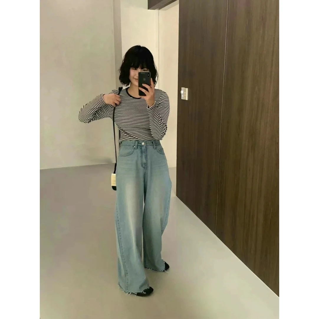 レトロな大胆な東大門25サマーウエディングストレートレッグカジュアルジーンズレディースルーズフィットロングパンツデニムブルーLウエスト