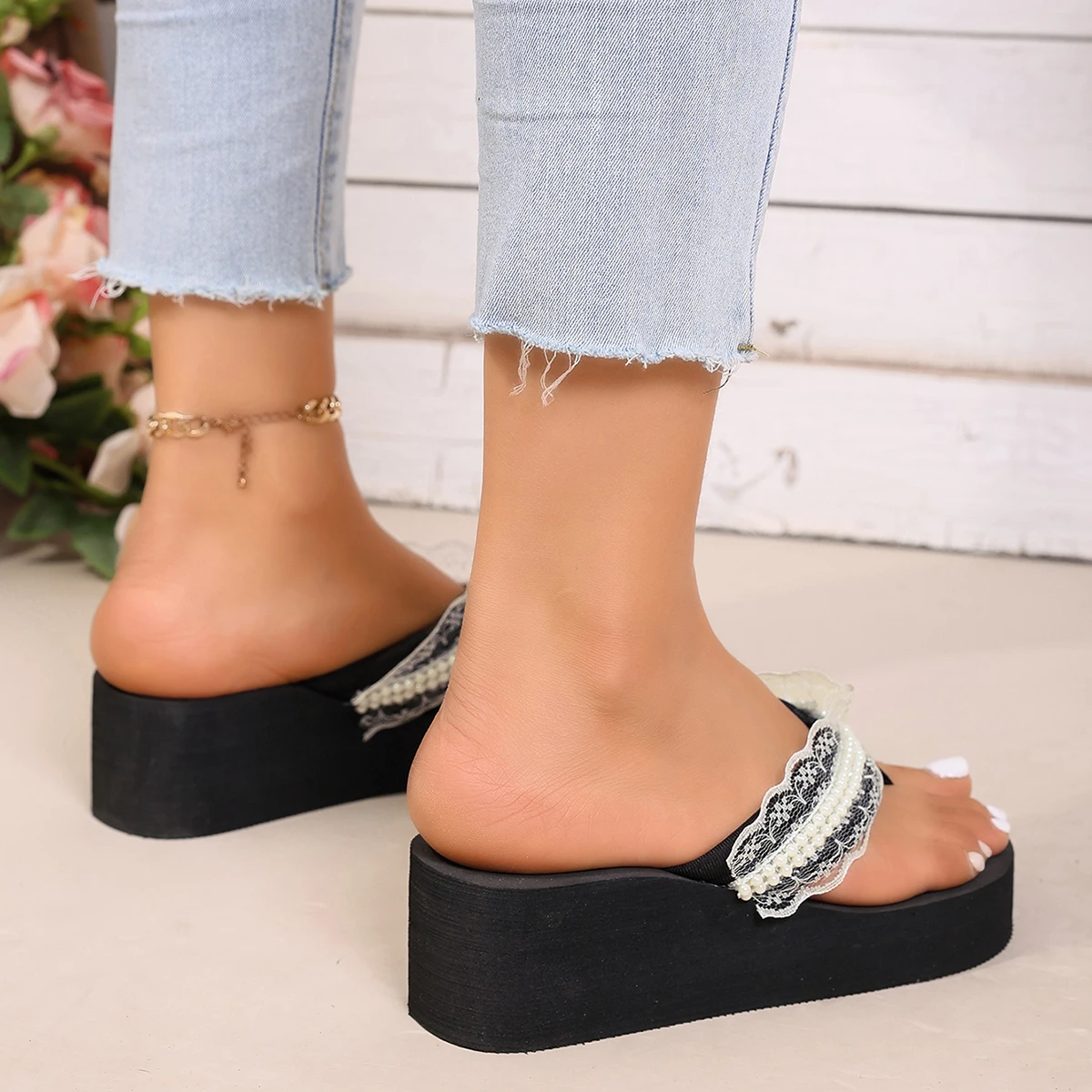 Strass-Schmuck Einfache Perlen Elegante Damen-Flip-Flops – Detail 4