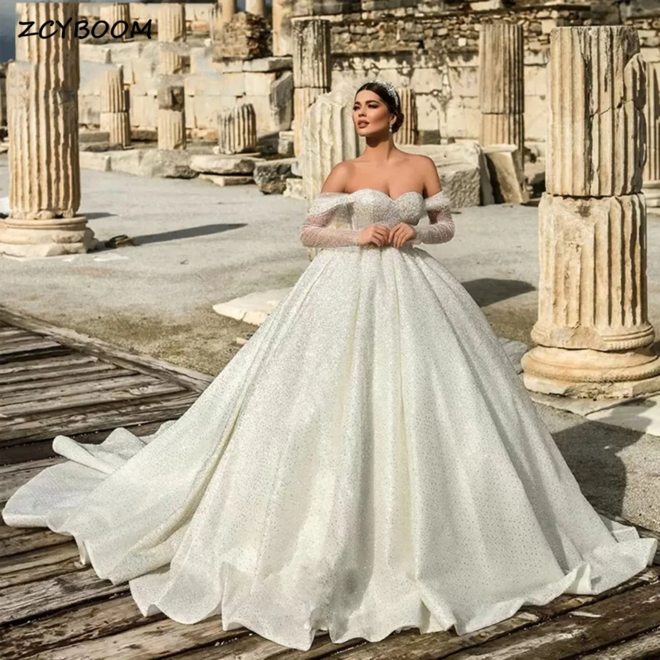 

Elegant Sweetheart Off The Shoulder Backless Wedding Dress 2025 Long Sleeves Floor Length Sweep Train Shiny Zipper Bridal Gown