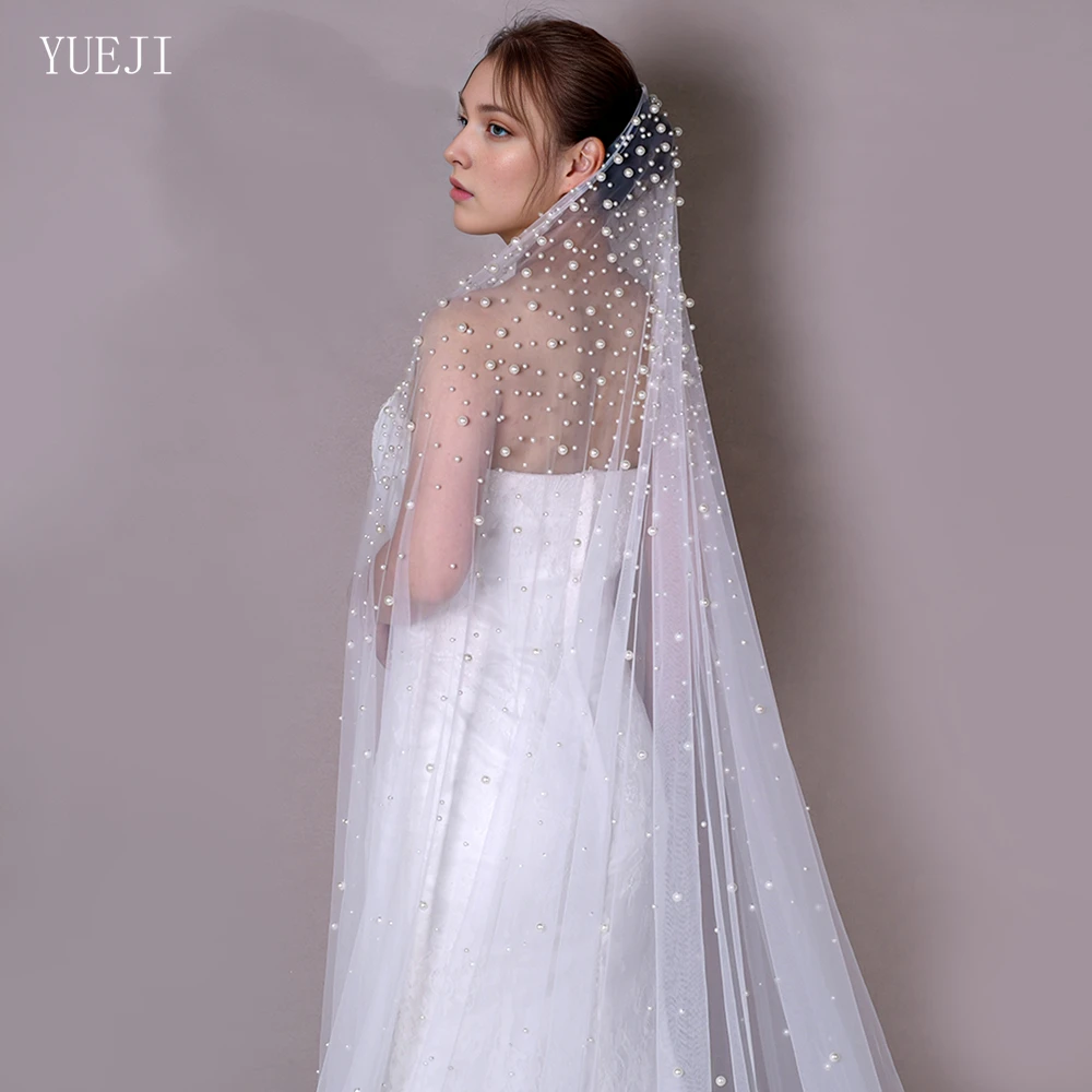 

YUEJI Королевская свадебная роскошная однослойная жемчужная вуаль с расческой Элегантная свадебная фата соборной длины V139