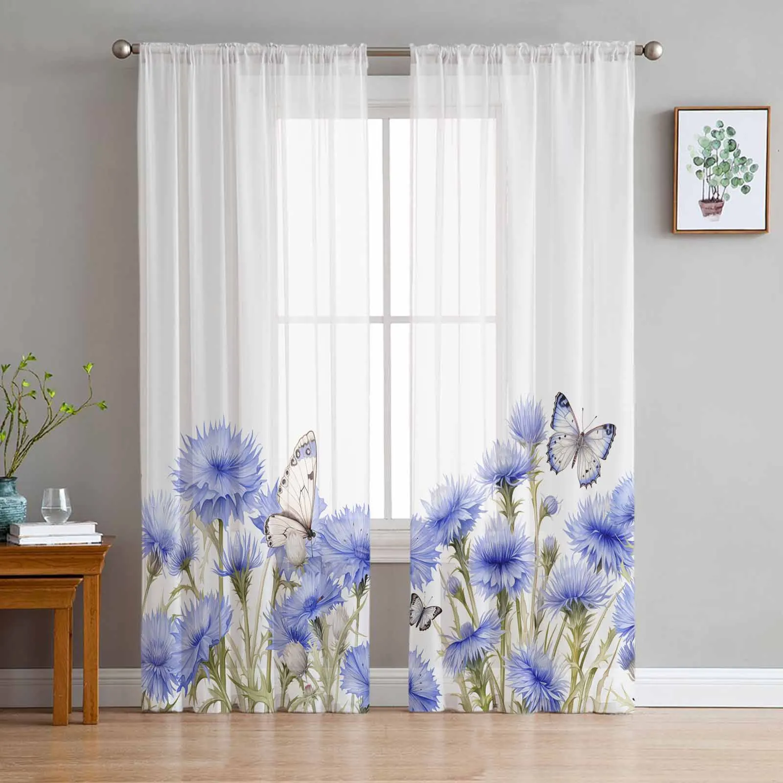 Country Spring Flowers Butterfly Tulle Curtains for Living Room Bedroom Modern Chiffon Sheer Voile Kitchen Window Curtain