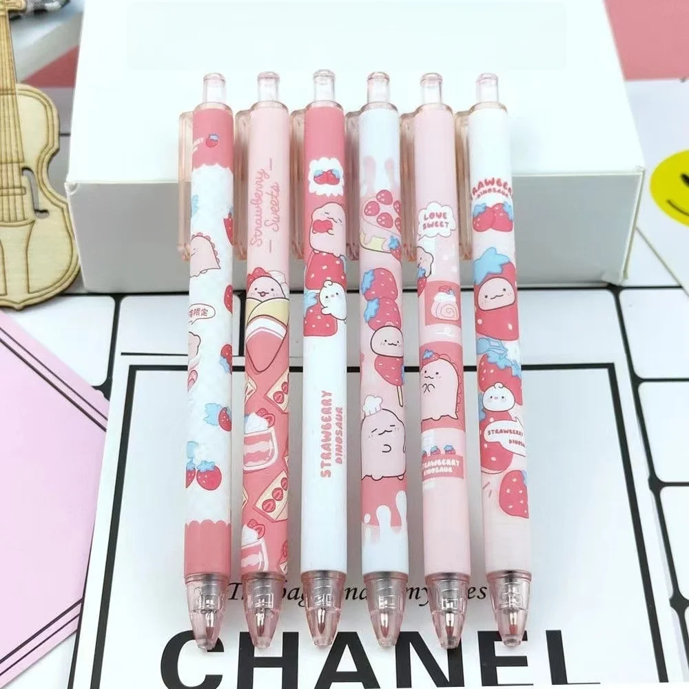 6/قطعة من أدوات مكتبية الفراولة والضفدع للكتابة على شكل قلم جل أسود ناعم قابل للاستبدال مناسب للدراسة المكتبية والاستخدام المدرسي.