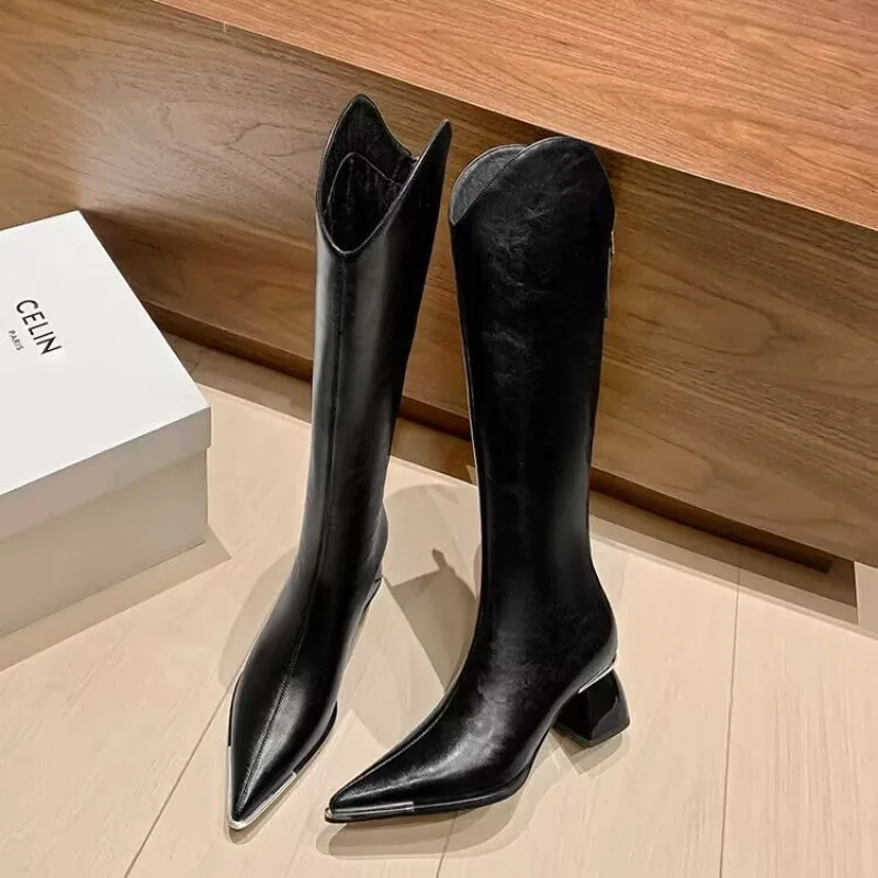 

Women Boots Temperament Pointe Leather High Heel Boots Fashion V-port Design Women Knee-high Boot Knight Boot Botas Largas Mujer