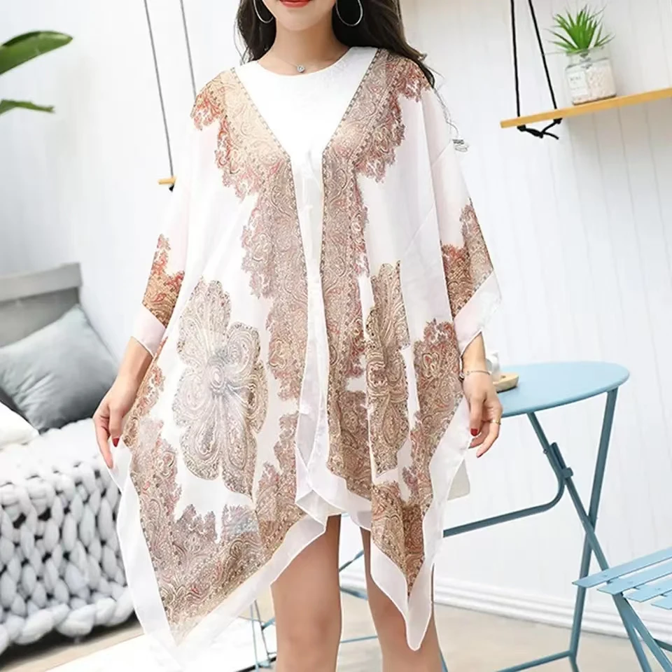 Woman Chiffon Blouse Fashion Women Scarf Shawl Printed Sunscreen Sun Protection Shawl Beach Shawl Soft Loose Bikini Cover Tops