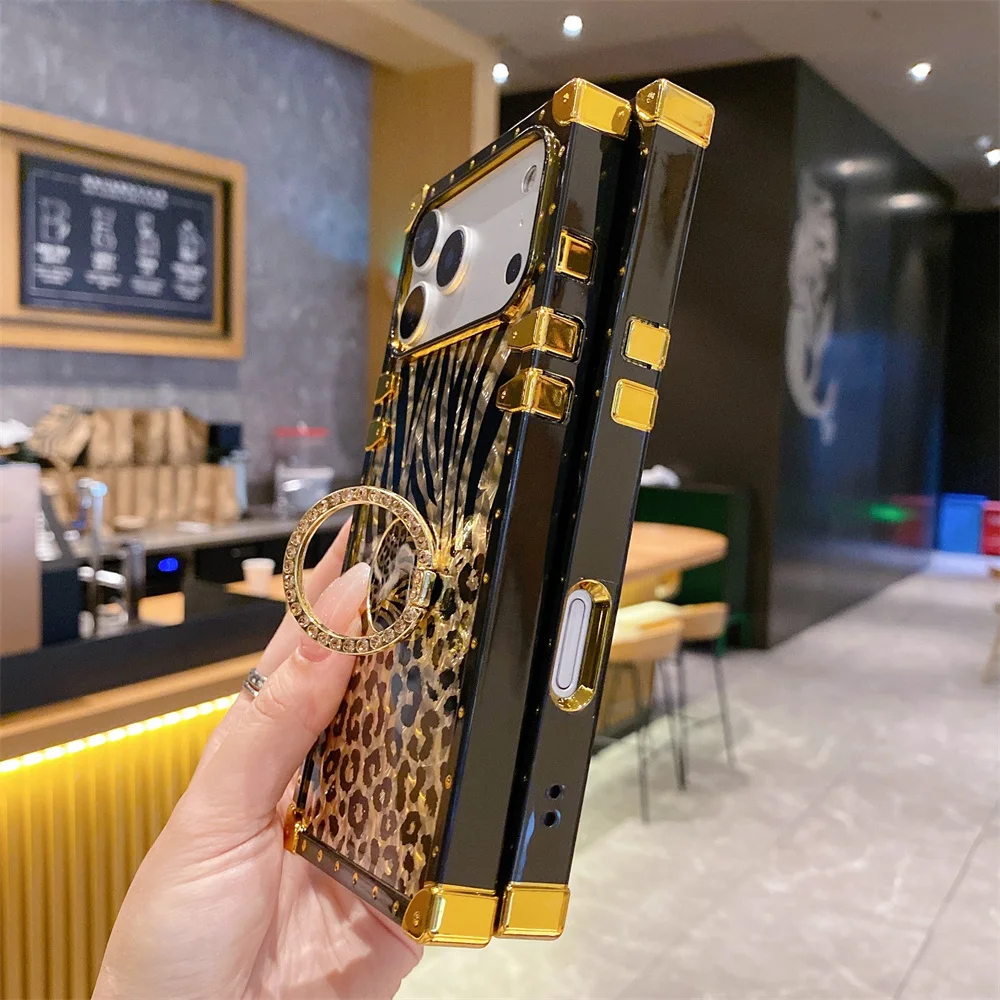 Luxury Leopard Gold Plating Case for iPhone 17 Pro Max/16/15/14/13/12/11/XR/8 Plus Glitter Diamond Ring Stand Cover Funda 17