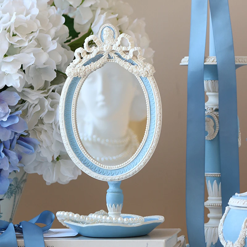 

Ретро зеркало для макияжа, ручное зеркало в стиле барокко, синее и белое элегантное настольное зеркало для спальни, лоток для хранения ювелирных изделий из смолы