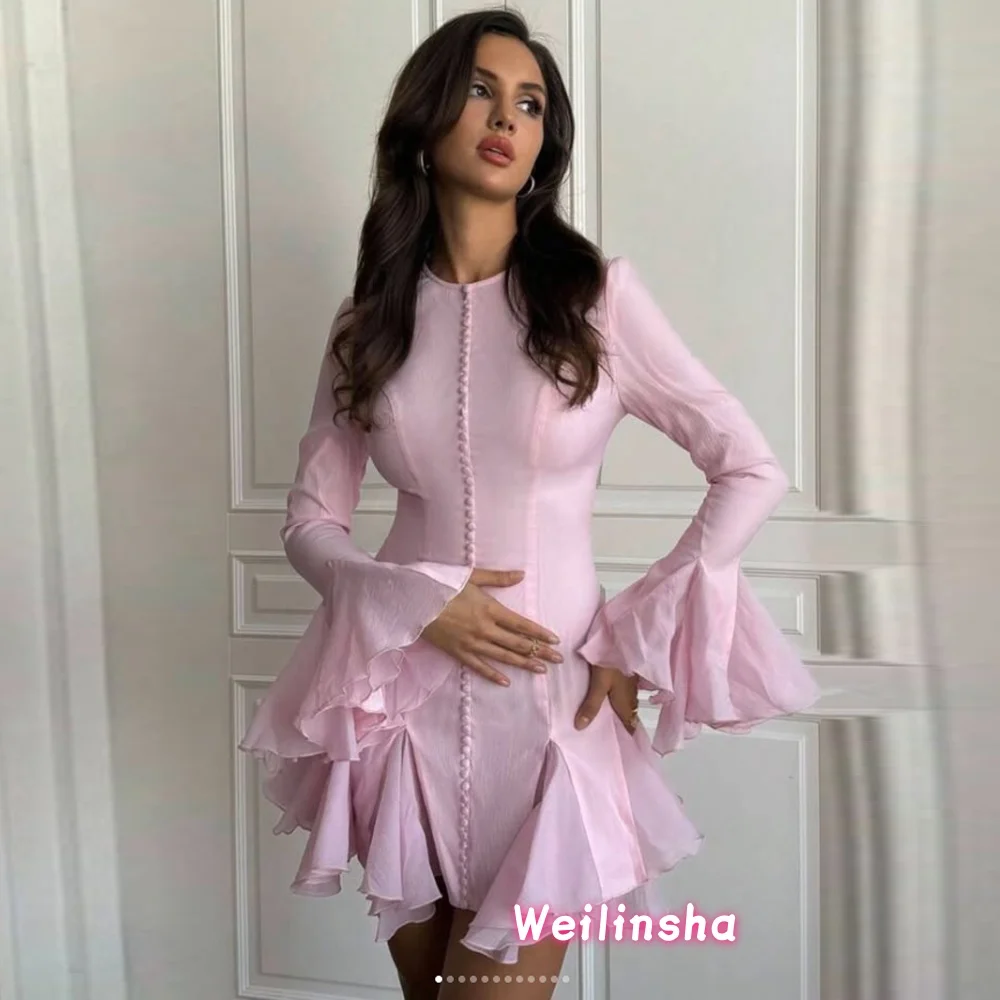

Elegant Ruffles Single Breasted Mini Prom Dress Women Chic Flared Sleeve High Waist O-neck Evening Dresses Vestidos Party Gowns