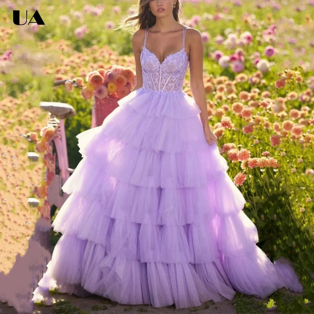 

ULBYANRY Customized A-line Mesh Tiered Ruffled Sweet 15 Dress, Romantic Applique Quinceanera Dress, Elegant Lace-up Ball Gown