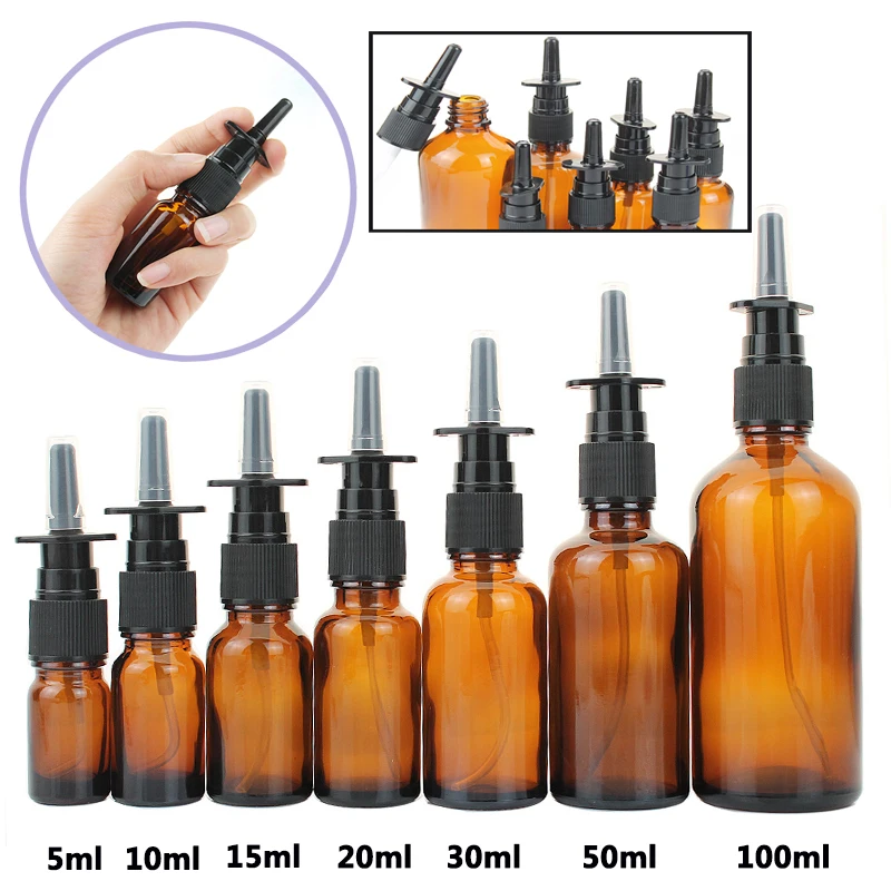 10pcs 5ml 10ml 15ml 20ml 30ml 50ml 100ml Amber Nasal Spray Bottle Glass with Fine Nose Mist Sprayer Press Spray Head Atomizer