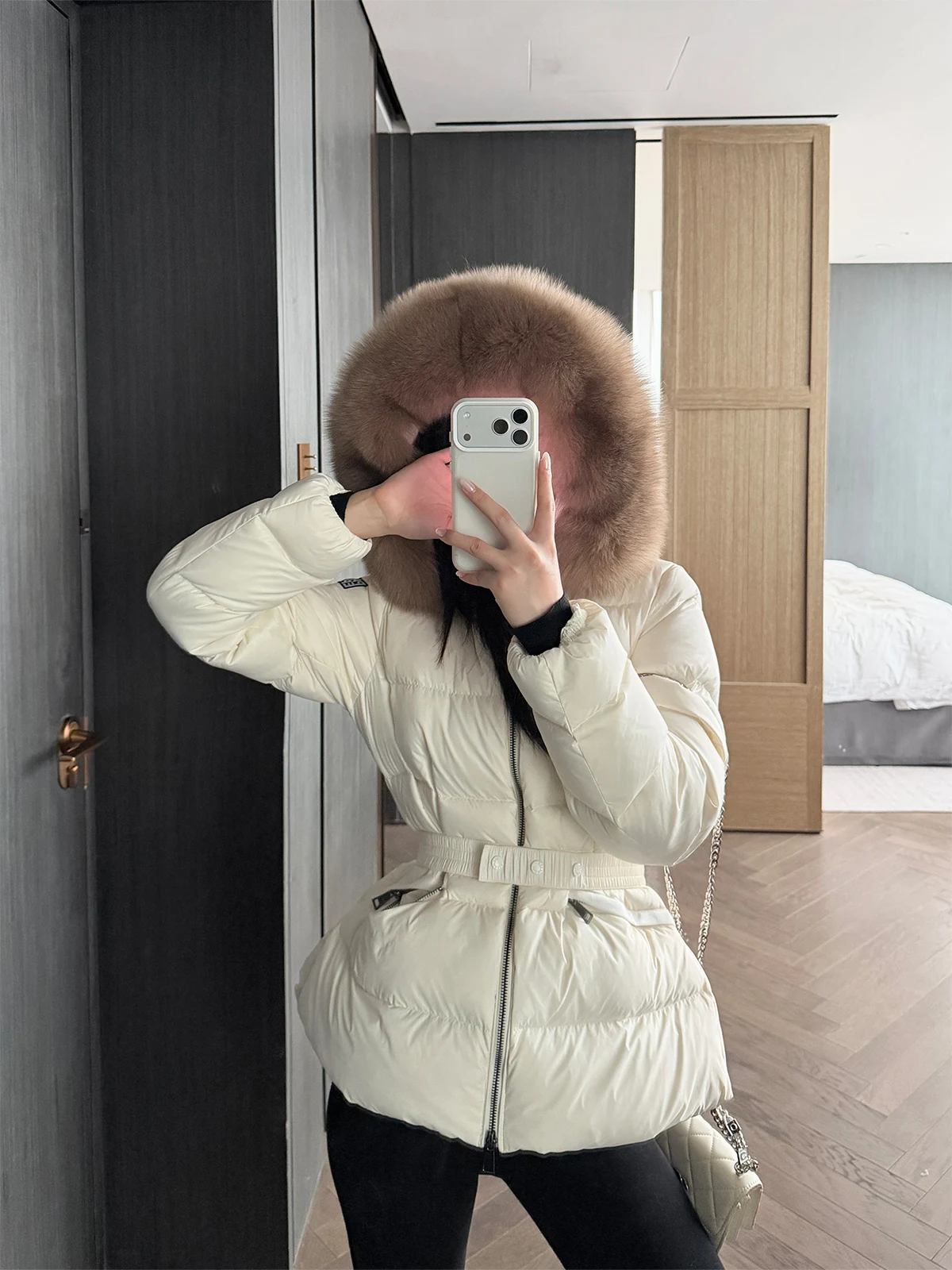 

PAPERLLL Women's Winter Jaet White Du down Fur Collar Waist-Cinching Casual Sle Regular Fit Warm Commute Wear