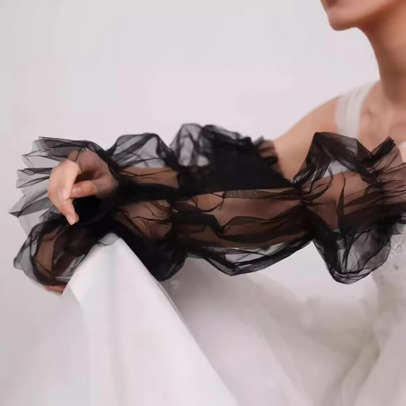 Picture 3: Lace Mesh Wedding Detachable Bubble Arm Sleeves Sheer Tulle Puff Long Gloves Wedding Bridal Party Dress Costume Accessories