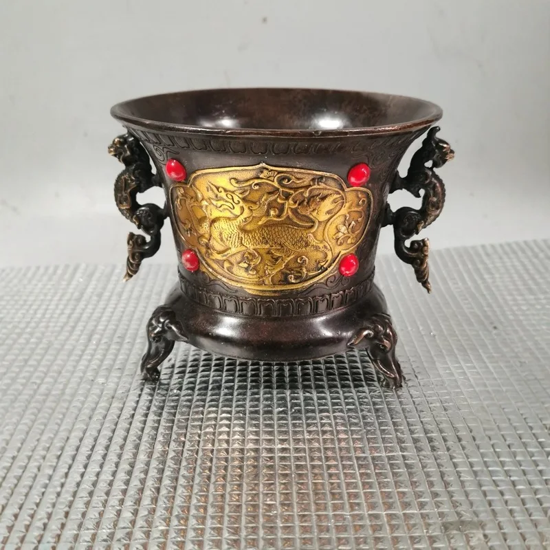 Gilt Double Dragon Incense Burner Ornament, Copper Incense Burner, Indoor Decorative Craft, Buddhist Temple Offering for Worship