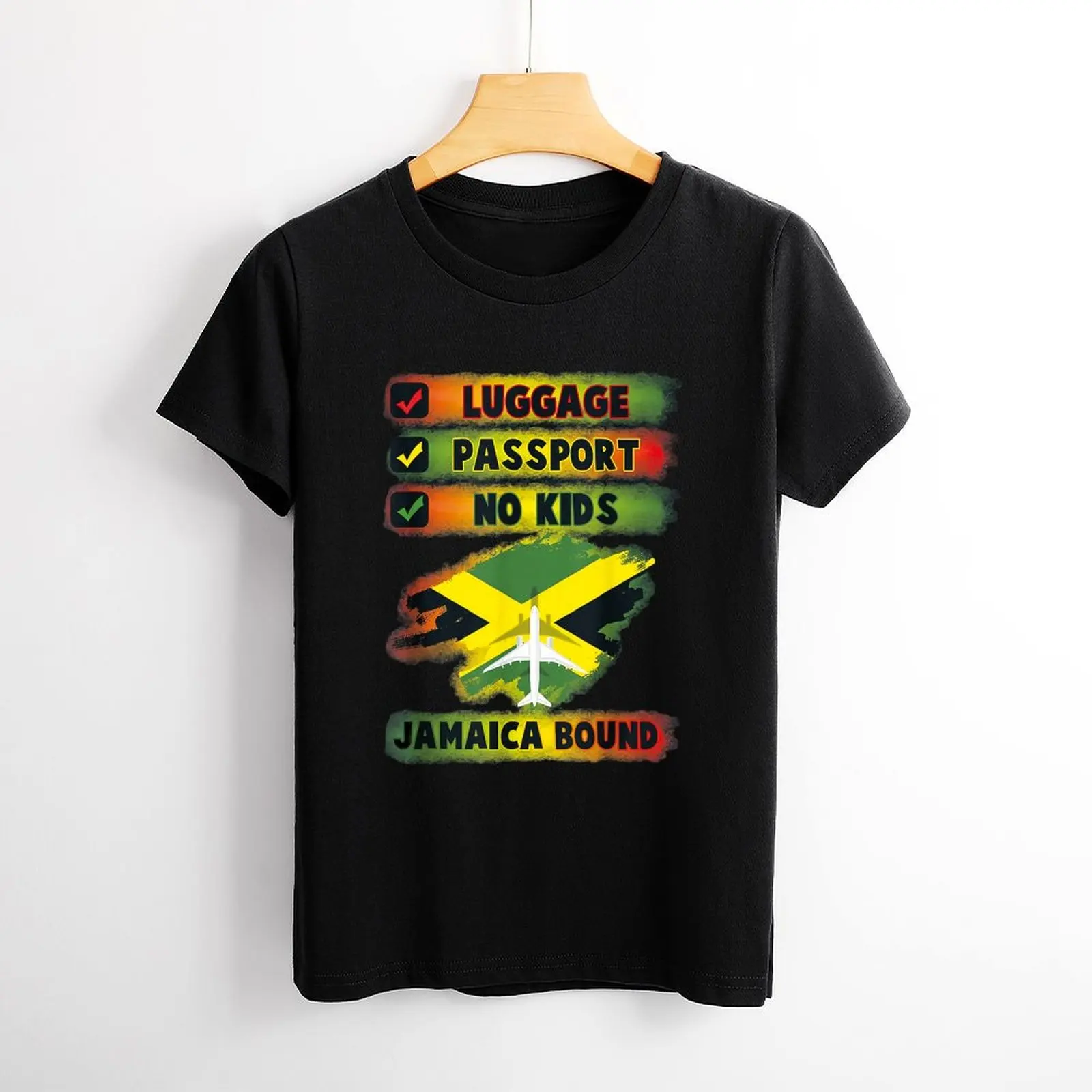 Travel Vacation To Jamaica Bound Luggage Passport No Kids Shirt Graphic Shirt Casual Short Sleeved Female Tee T-Shirt Size S-4XL