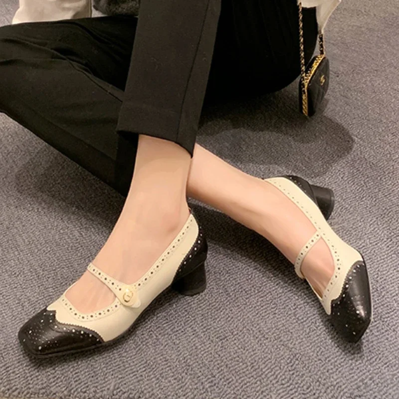 Casual Women Pumps PU Square Heels  2024 Spring New Hollow Carving Square Head Retro Shallow Color Block Single Shoe Woman Shoe