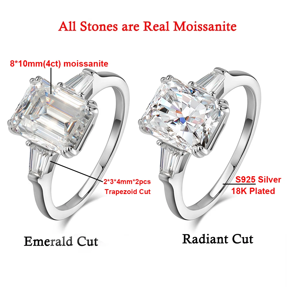 4Carat Emerald/Radiant Cut Full Moissanite Rings for Women Sides Trapezoid Cut Diamond 925 Sterling Silver Wedding Band Jewelry