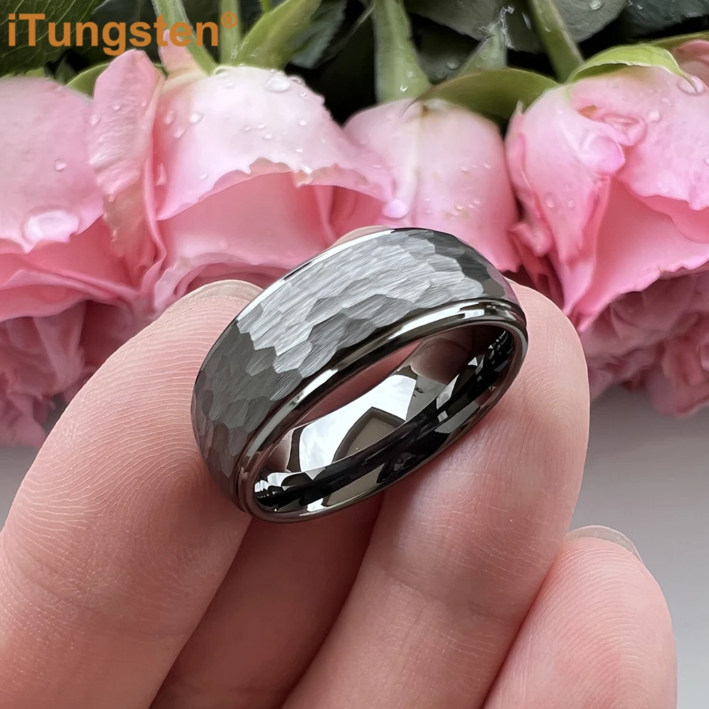 iTungsten 8mm Gunmetal Color Hammer Ring Men Women Tungsten Engagement Wedding Band Domed Stepped Edges Comfort Fit