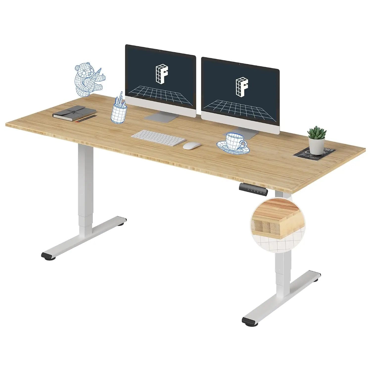 Bamboo Electric Standing Desk Dual Motor Adjustable Height Memory Sit Stand Home Office 72x30in 220lbs, Customized
