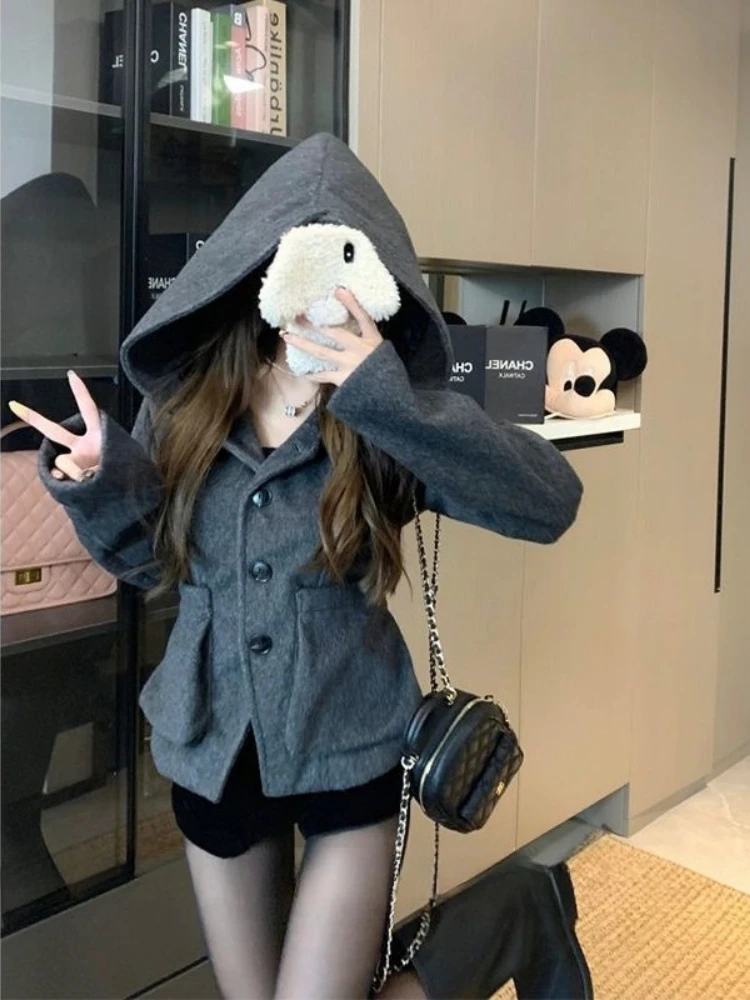 معطف كلاسيكي أنيق للسيدات موضة Y2k تصميم جيب هاراجوكو دافئ بقلنسوة ملابس خارجية على الموضة الكورية سترة أنيقة 2025 جديد #4