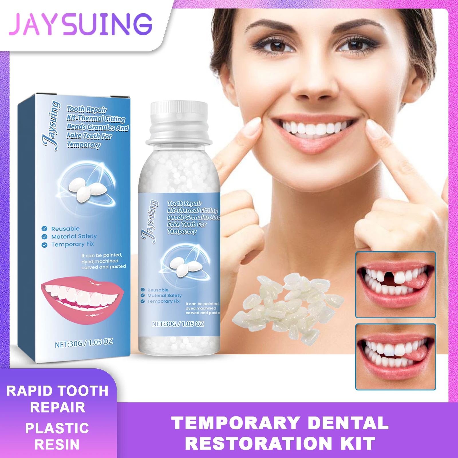 JAYSUING طقم تصليح الأسنان المحمولة البلاستيك الراتنج الأسنان وهمية لاستعادة الأسنان المؤقتة الإصلاح السريع ماكياج تجميل الأسنان