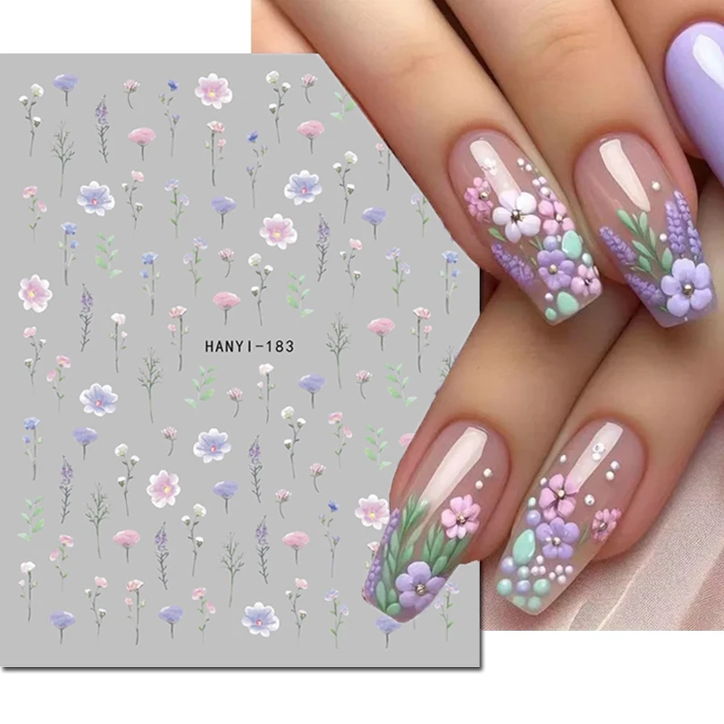 3D Nail Art Aufkleber lila Blumen Blätter Früchte Buchstaben selbst klebende Schieber Aufkleber für Nägel Dekorationen Maniküre Zubehör