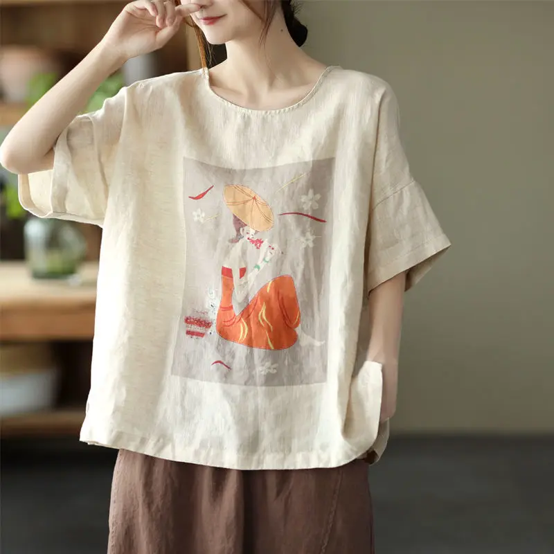 

Ladies' Cotton Linen T-irt Printed round Ne ort Sve Loose Fit Summer Top Brand Tag Removed Casual Commute Sle