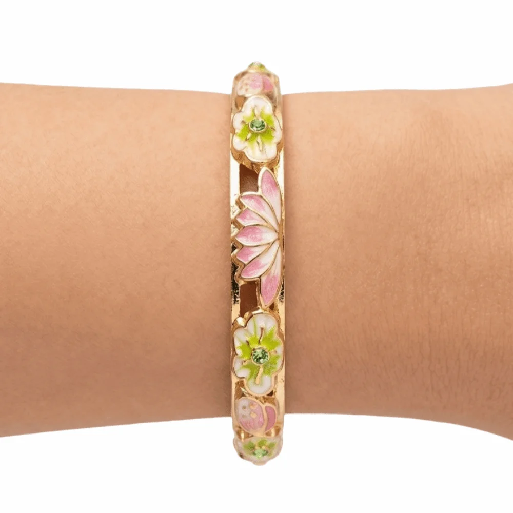 Elegant Enamel Floral Bangle Chinese Style Gold Plated Hollow Out Bangle Rich Colors Handmade Cloisonne Bangle Women