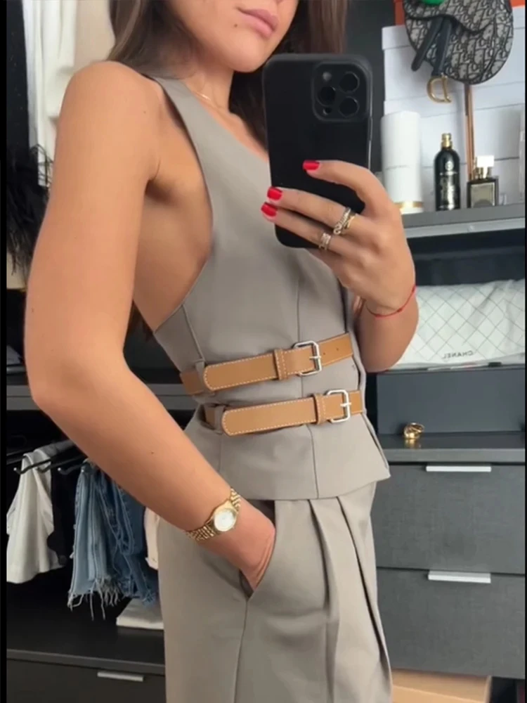 Hanging Neck Belted Halter Vest Pant Suit Solid Sleeveless Hidden Button Top Pocket Zipper High Waisted Wide Leg Pants Chic Set