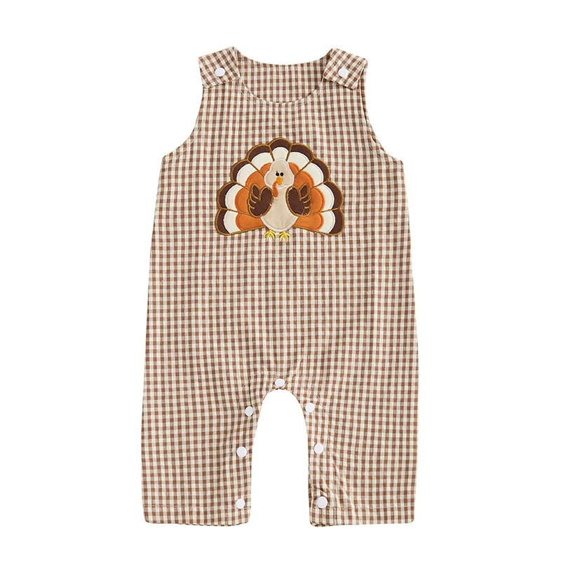 

Baby Boy Girl Thanksgiving Overalls Plaid Turkey Embroidery Sleeveless Full Length Romper for Fall