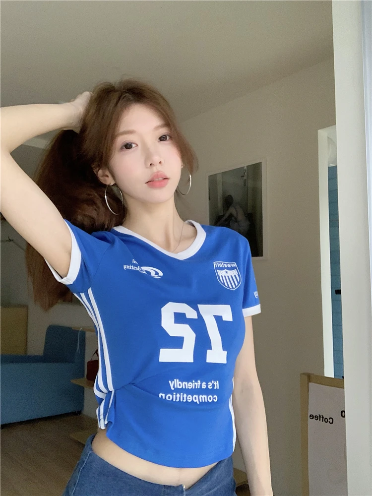 American Letter Printed Short Sleeved Jersey T-shirt For Women's Summer Design Niche Loose Casual Sports Top