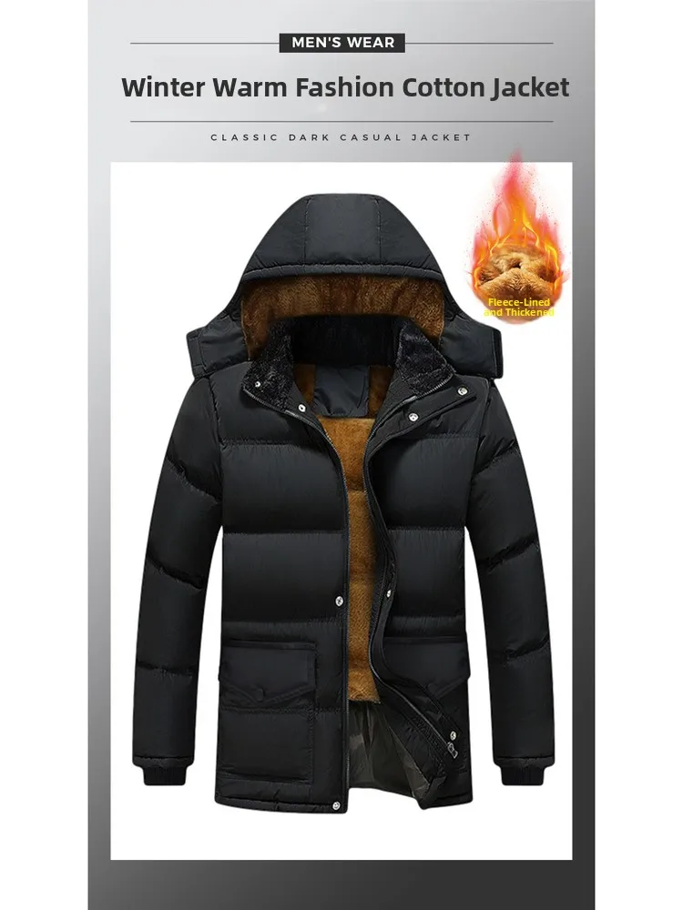 

Men's Winter Thiened Fce Lined Cotton Jaet Warm Outerwear Pure Color Dad Sle Clothing Polyester Fiber Long Sve Zi...