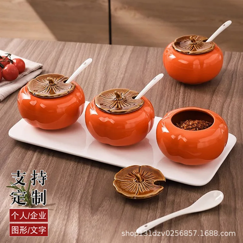 Tarro de condimento de caqui de dibujos animados con tapa y cuchara, tarro de sal de cerámica para el hogar, tarro de azúcar, botella de condimento personalizada creativa