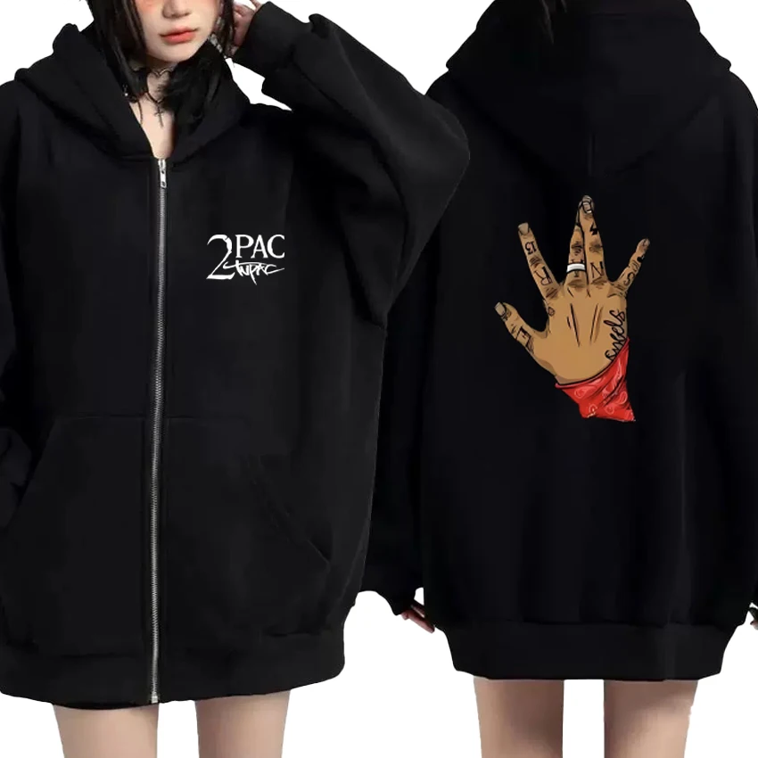 

Gangsta Rap 2Pac Hoodies Singer Graphic Print Zipper Hoodie Double Sided Print Autumn Winter Outerwear Men Women Fleece Jacket