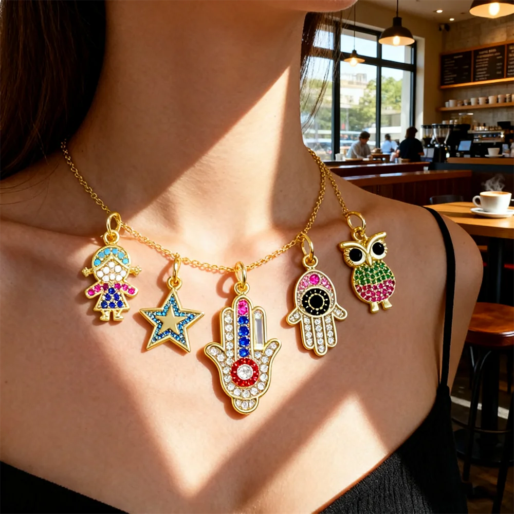 

4Pcs Pendants for diy Necklace Bracelet Brass Cubic Zirconia Colorful Hand Girl Owl Rocket Star Charms Women Jewelry Making
