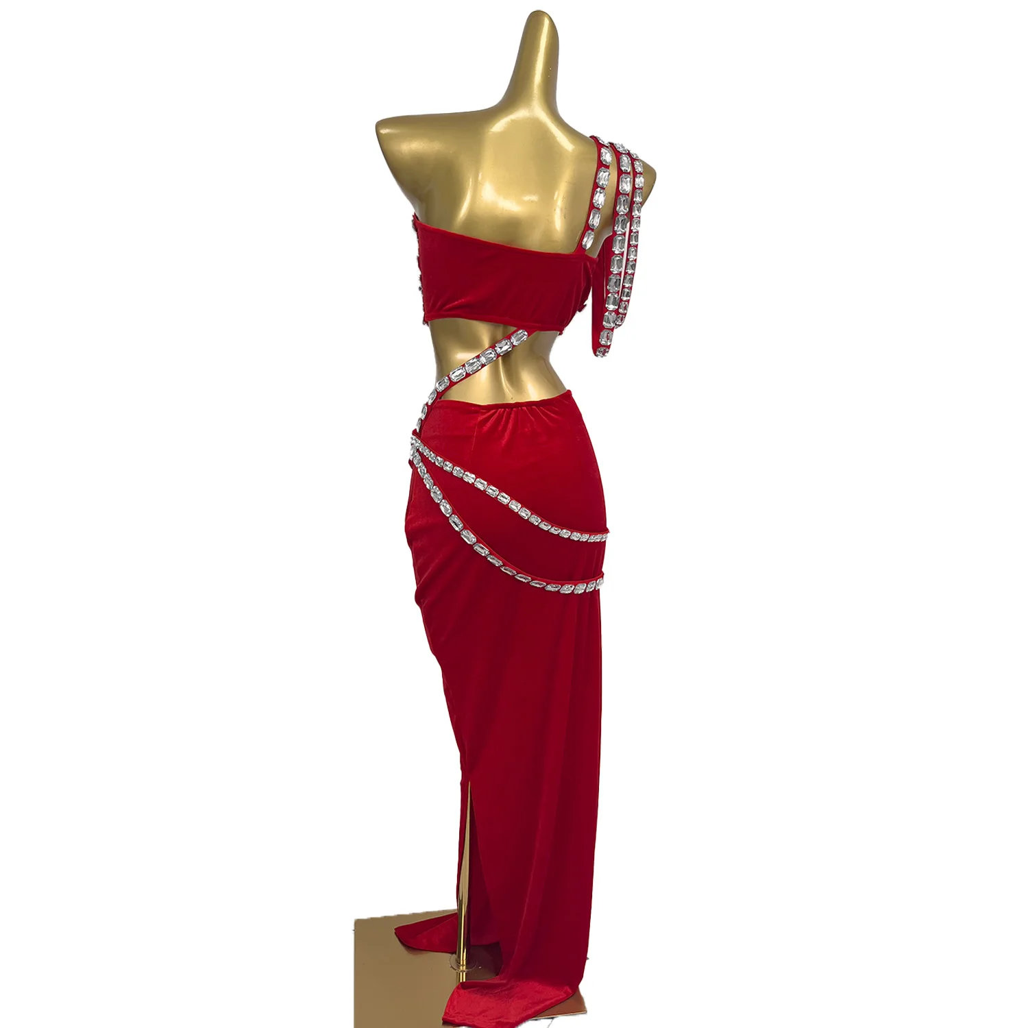 

Sexy Red Crop Tops Long Skirt 2Pieces Set Women Party Nightclub Party Queen Shine Rhinestone Off shoulder Dinners Evening Dress