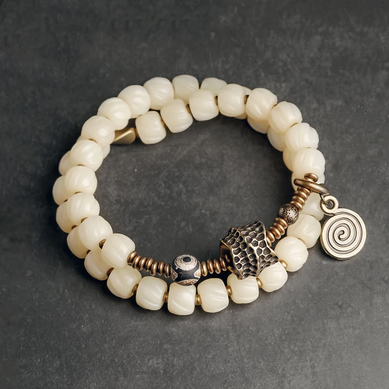 Trendy Two Row Tibetan Yak Bone Bead Bracelet Hammered Copper Charm Bead Prayer Peace Positive Energy Jewelry Mom Gift Girl