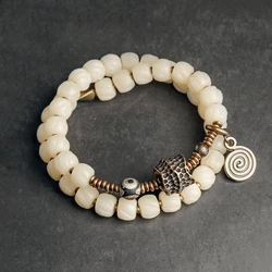 Trendy Two Row Tibetan Yak Bone Bead Bracelet Hammered Copper Charm Bead Prayer Peace Positive Energy Jewelry Mom Gift Girl