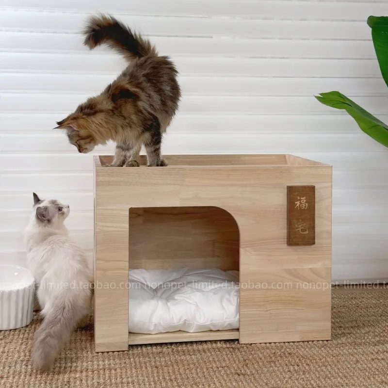 

All-Season Pet House for Dogs and Cats Natural Rubber Wood Indoor Shelter Cozy Cabin Style Animal Bed Ventilated Pet Nest