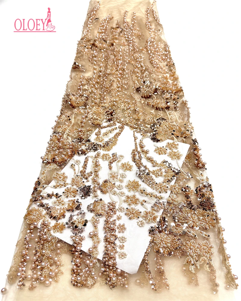 

OLOEY African Sequin Lace Fabric High Quality French Beaded Lace Fabric Nigerian Bride For Wedding Party Dress