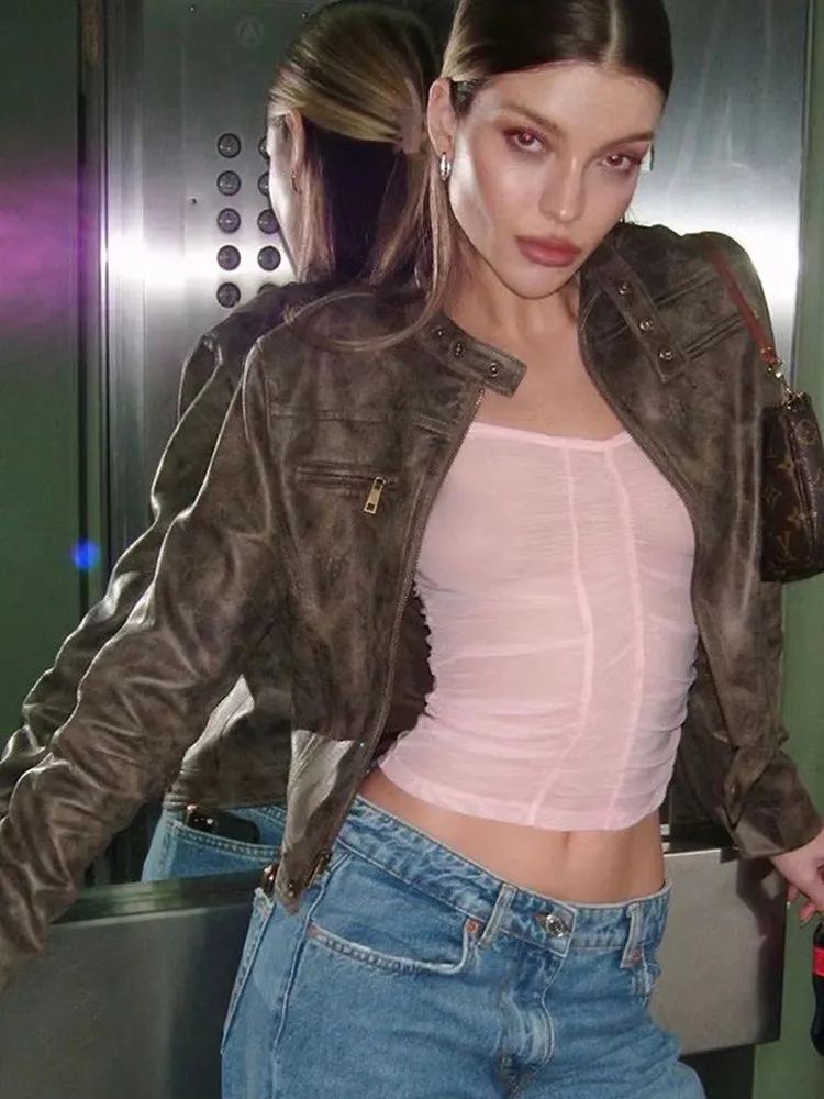 Retro American Coffee ort Jaet Women's 2025 Autumn New Sle Spicy Girl Versatile Stand Collar PU Leather Coat