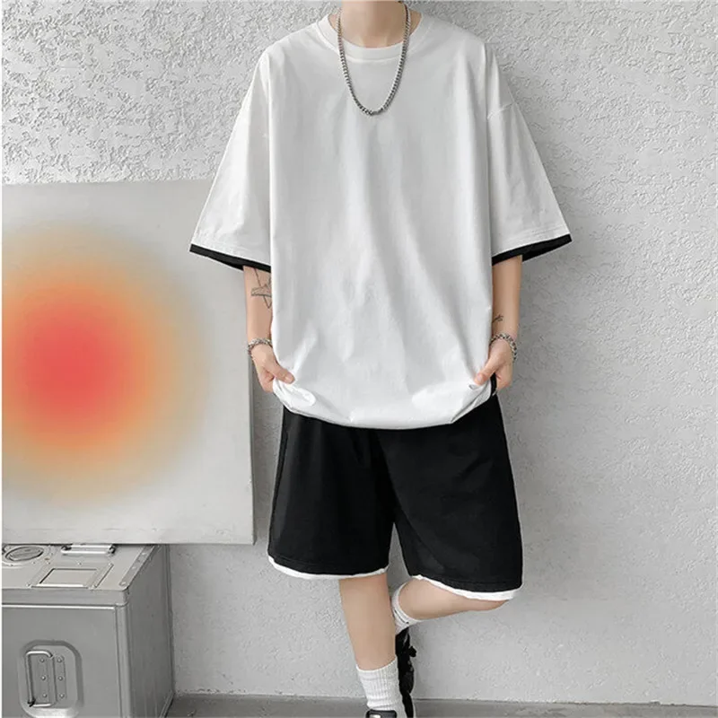 LIBIELIY 2025 Summer Men's Casual Sets Short Sleeve T-Shirts+Shorts Loose Sports Sets Man Solid O-Neck Streetwear Daily Jogging